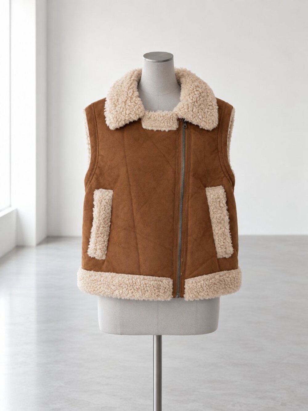 Brown Faux Suede Sherpa Shearling Aviator Vest